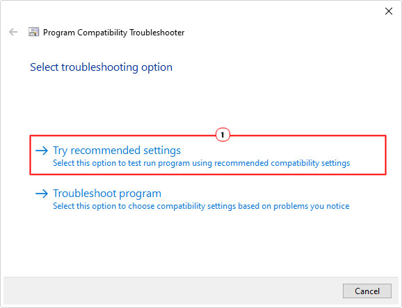 click on recommended settings for Program Compatibility Troubleshooter