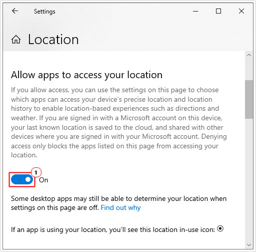 set Allow apps to access your location to on