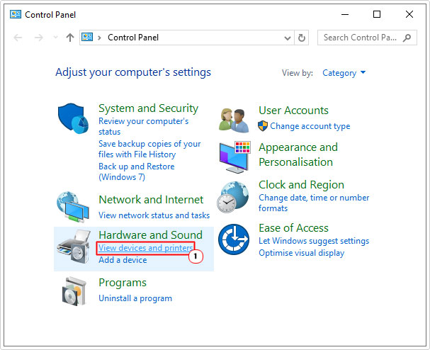 click on View devices and printers in control panel