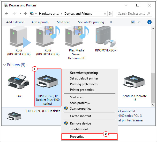 select properties for printer in Devices and Printers