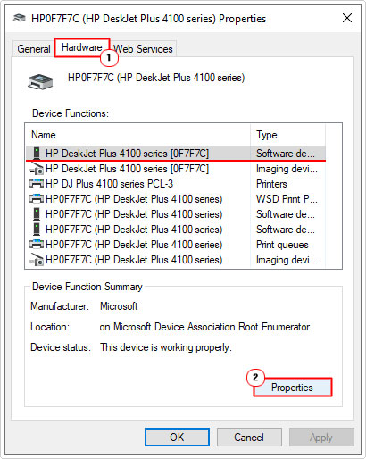 click on properties in the hardware tab