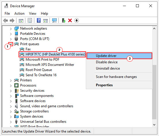 select Update driver for printer in device manager