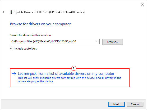 click on Let me pick from a list of available drivers on my computer in browse for drivers page