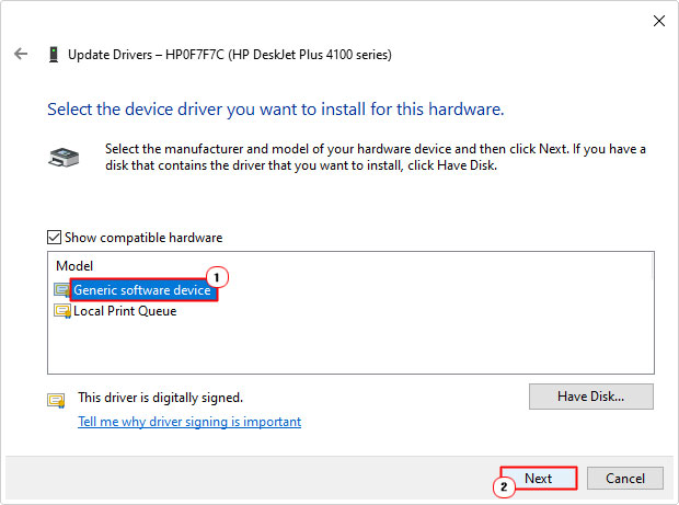 select generic software device in Select the device driver you want to install for this hardware