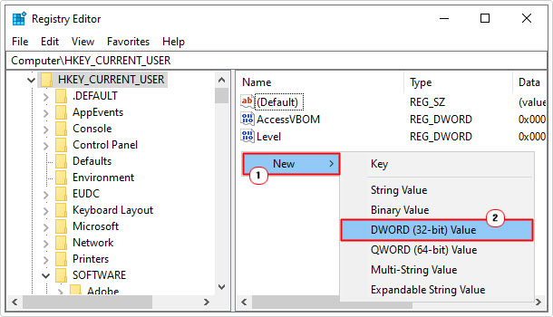 create a new DWORD in HKEY_CURRENT_USER