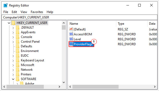 name dword ProviderFlags in HKEY_CURRENT_USER