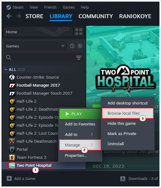 Browse local files for game in steam