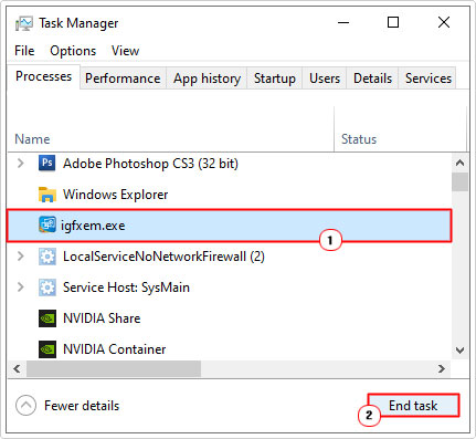 close igfxEM in task manager