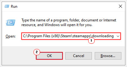 open steam downloading folder using run box