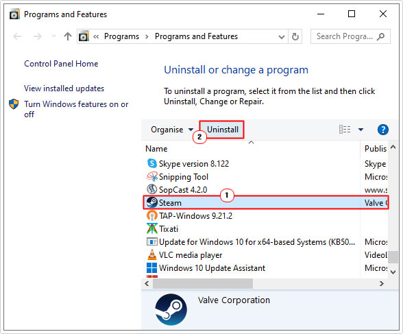 uninstall steam from add or remove programs