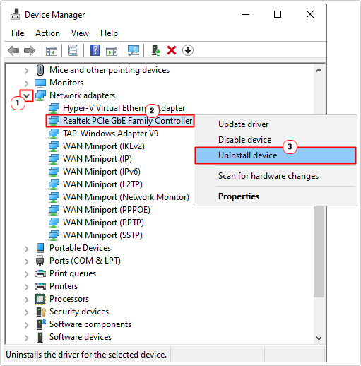 uninstall Network Controller in device manager 