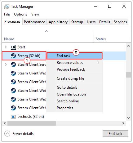 close Steam in task manager