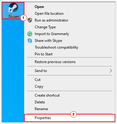 click on Properties for steam