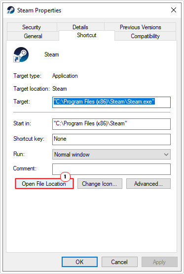 click on Open File Location in Steam properties