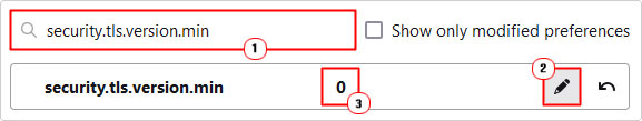 set security.tls.version.min to 0