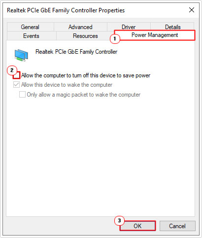 disable Allow the computer to turn off this device to save power for family controller