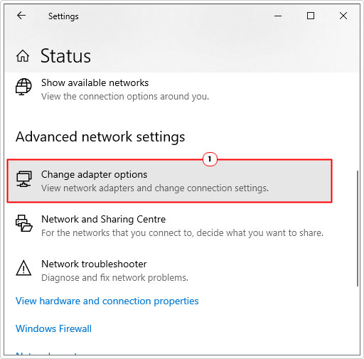 click on change adapter options in status