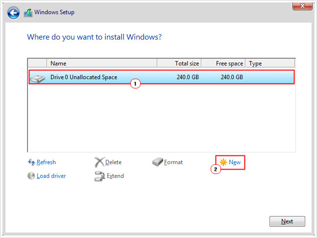 create new partition in windows setup 