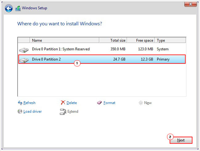 select partition to install windows on