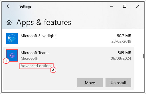 click on advanced options for Microsoft teams in apps & features