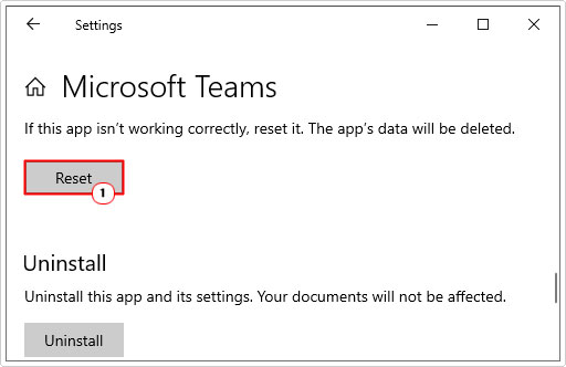 click on reset in advanced options for Microsoft teams