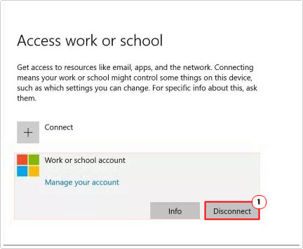 click on disconnect in access work or school