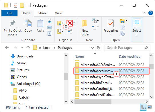 delete work account folder(s) in packages folder