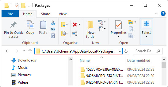 open AppData\Local\Packages in file explorer