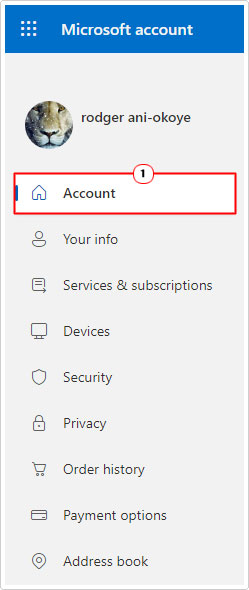 click on Account on Microsoft Account page