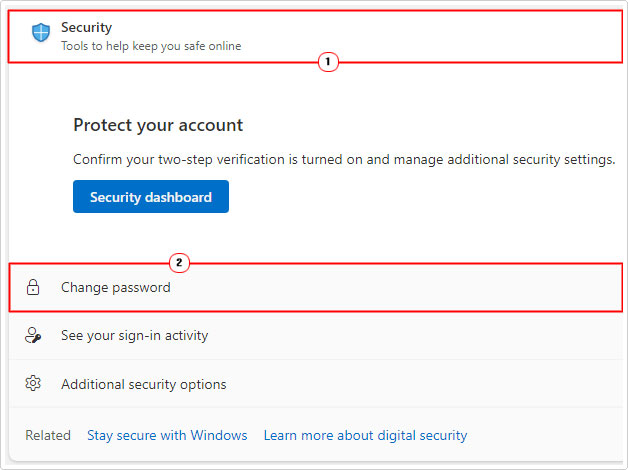 click on Change password in Security 