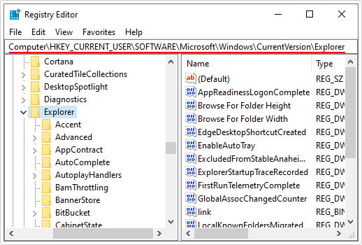 go to \CurrentVersion\Explorer path in registry editor