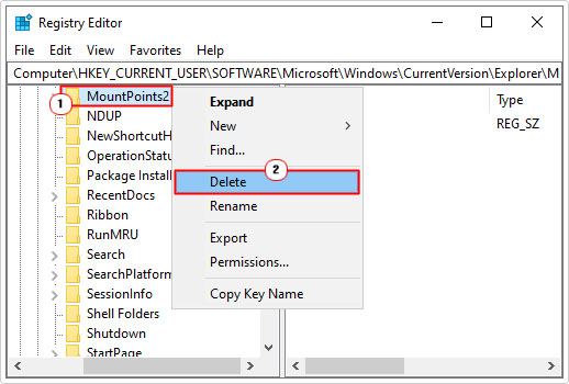 delete MountPoints2 in registry path