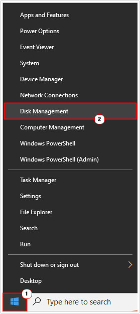 open Disk Management using start button