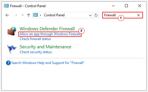 select Allow an app through Windows Firewall in control panel