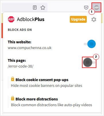 click on AdBlock then the slider for This Page