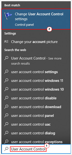 click on Change User Account Control settings in search results