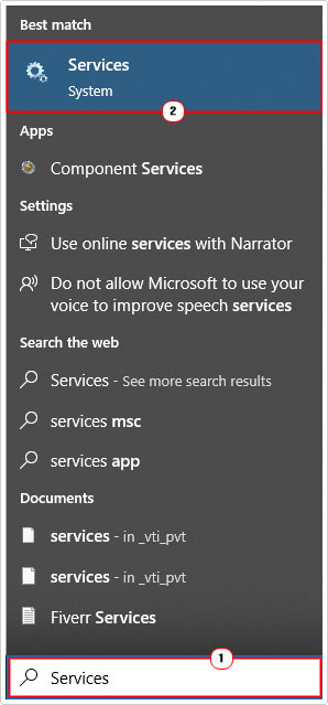 click on services in search box