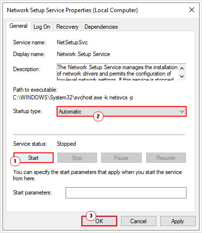 start Network Setup Service and set to automatic