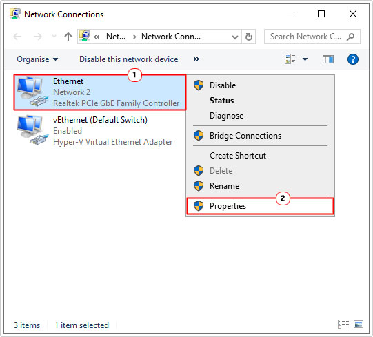 select properties for your Network Connection