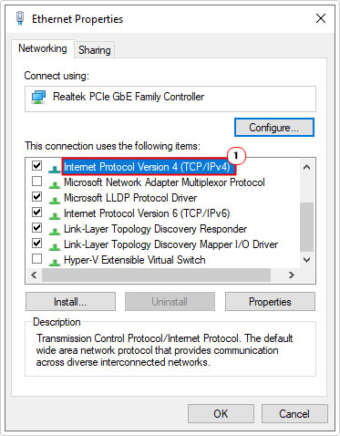 click on TCP/IPv4 in network connections properties applet