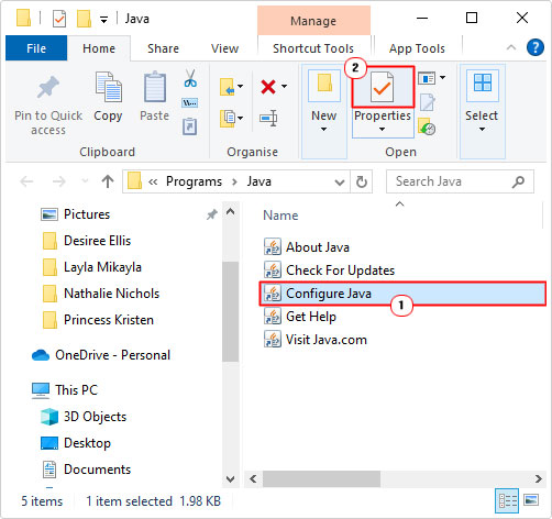 select properties for configure java