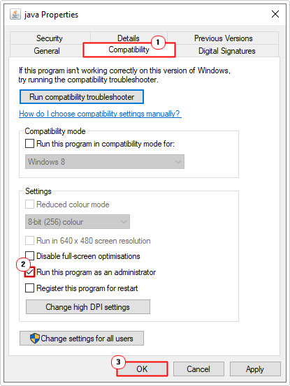 select Run this program as an administrator in the compatibility tab of java 