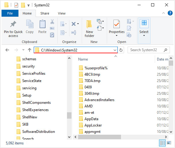 navigate to system32 folder in file explorer