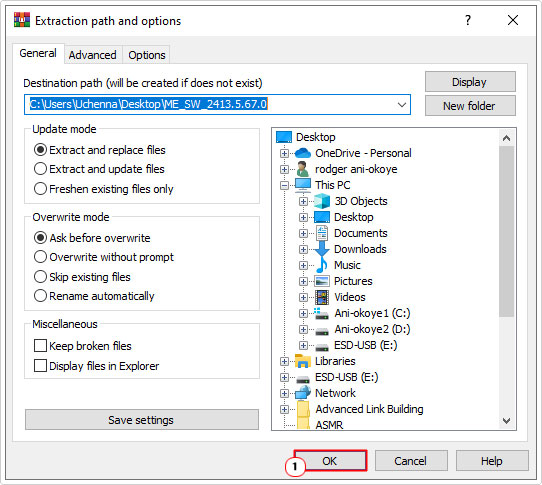 click on OK in Extraction path and options