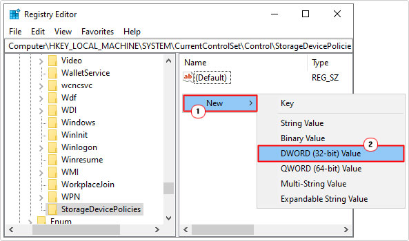 create new DWORD (32-bit) Value inStorageDevicePolicies