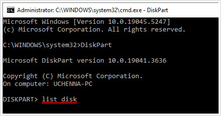 type list disk in diskpart