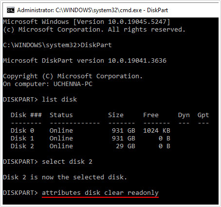 type attributes disk clear readonly for external drive