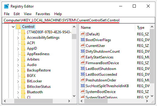 go to HKEY_LOCAL_MACHINE\SYSTEM\CurrentControlSet\Control\ in registry editor