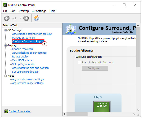 click on Configure Surround, PhysX in Nvidia control panel