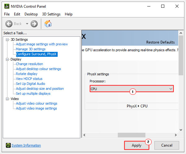 set PhysX settings to CPU